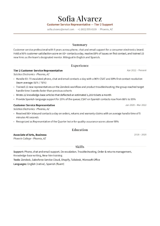 Customer Service Representative resume example
