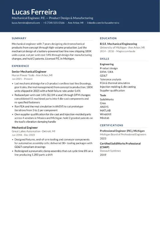Mechanical Engineer resume example