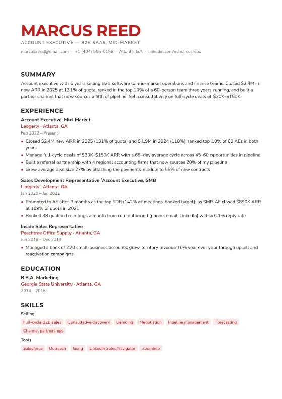 Sales Representative resume example