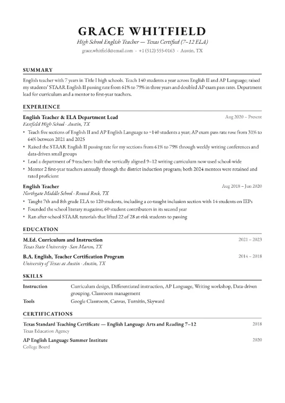 Teacher resume example