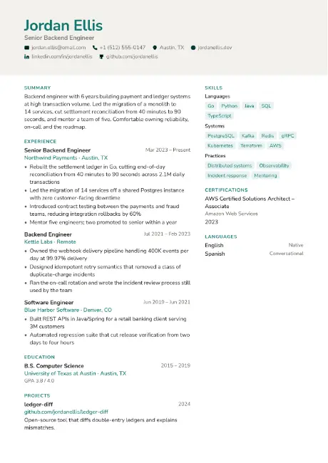 Ledge resume template, first page