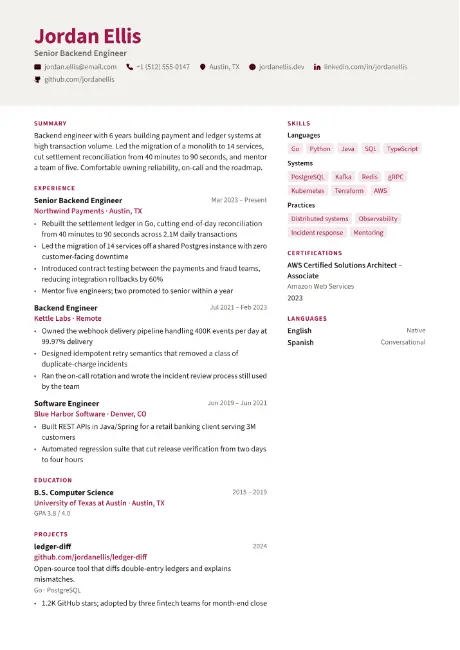Wing resume template, first page