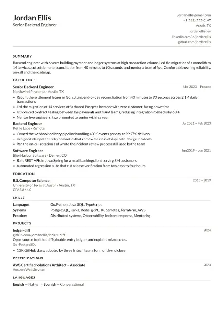Clear resume template, first page