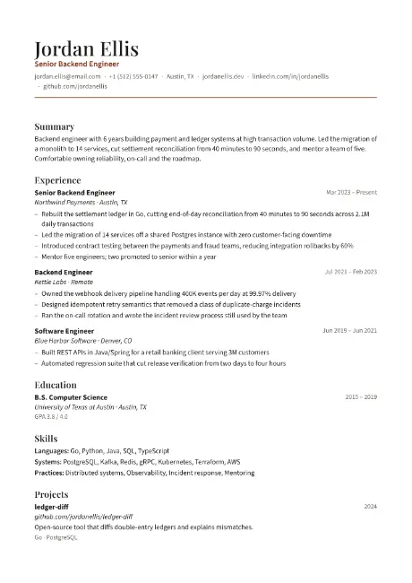 Regent resume template, first page