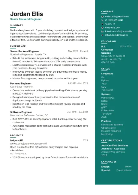 Facet resume template, first page