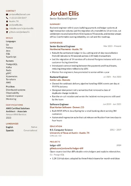 Margin resume template, first page