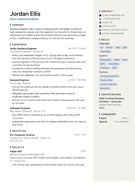 Pillar resume template, first page