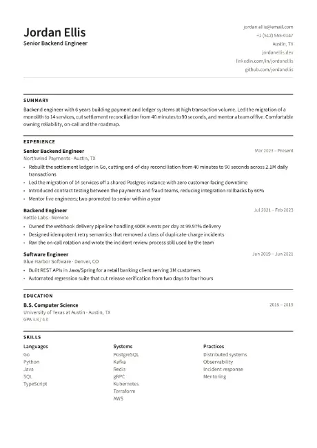 Sober resume template, first page