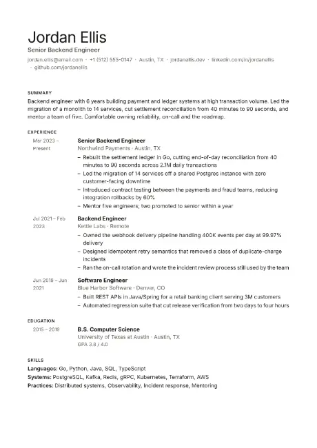 Calm resume template, first page