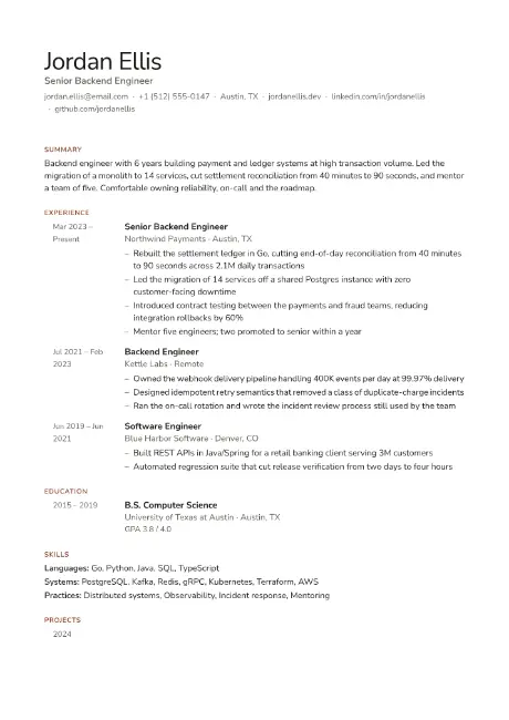 Straight resume template, first page